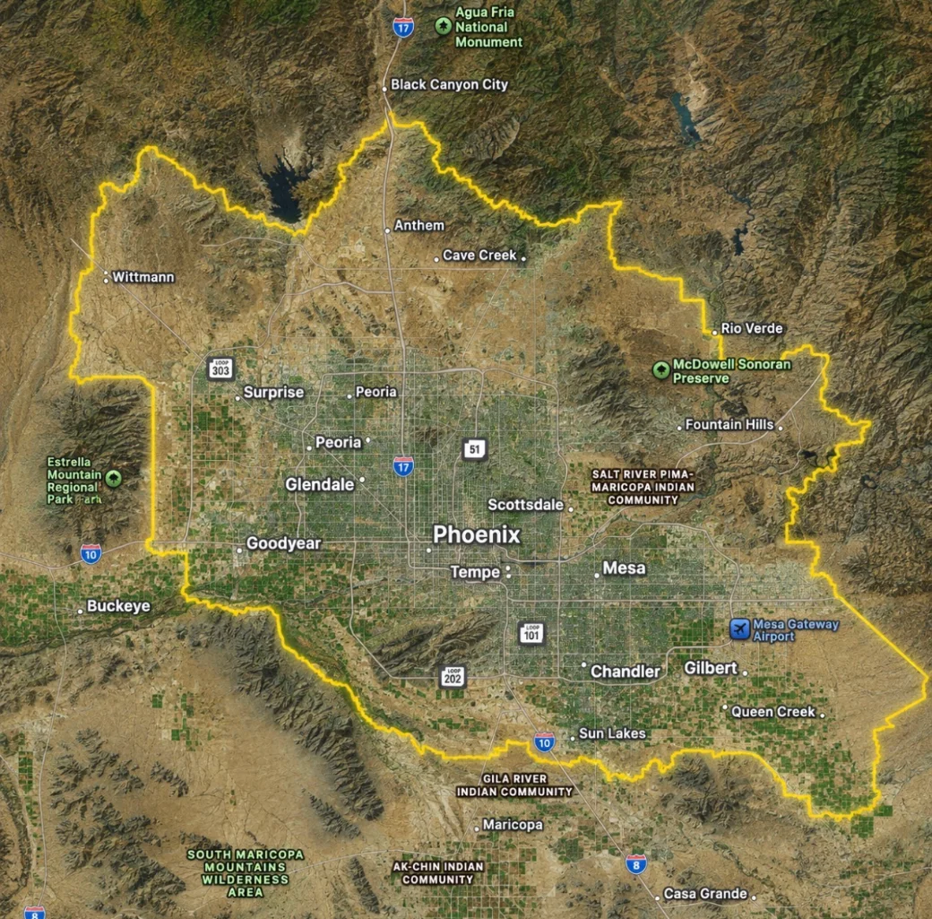 Coverage area map of the Phoenix Valley including Phoenix, Tempe, Mesa, Glendale, Chandler, Gilbert and Scottsdale